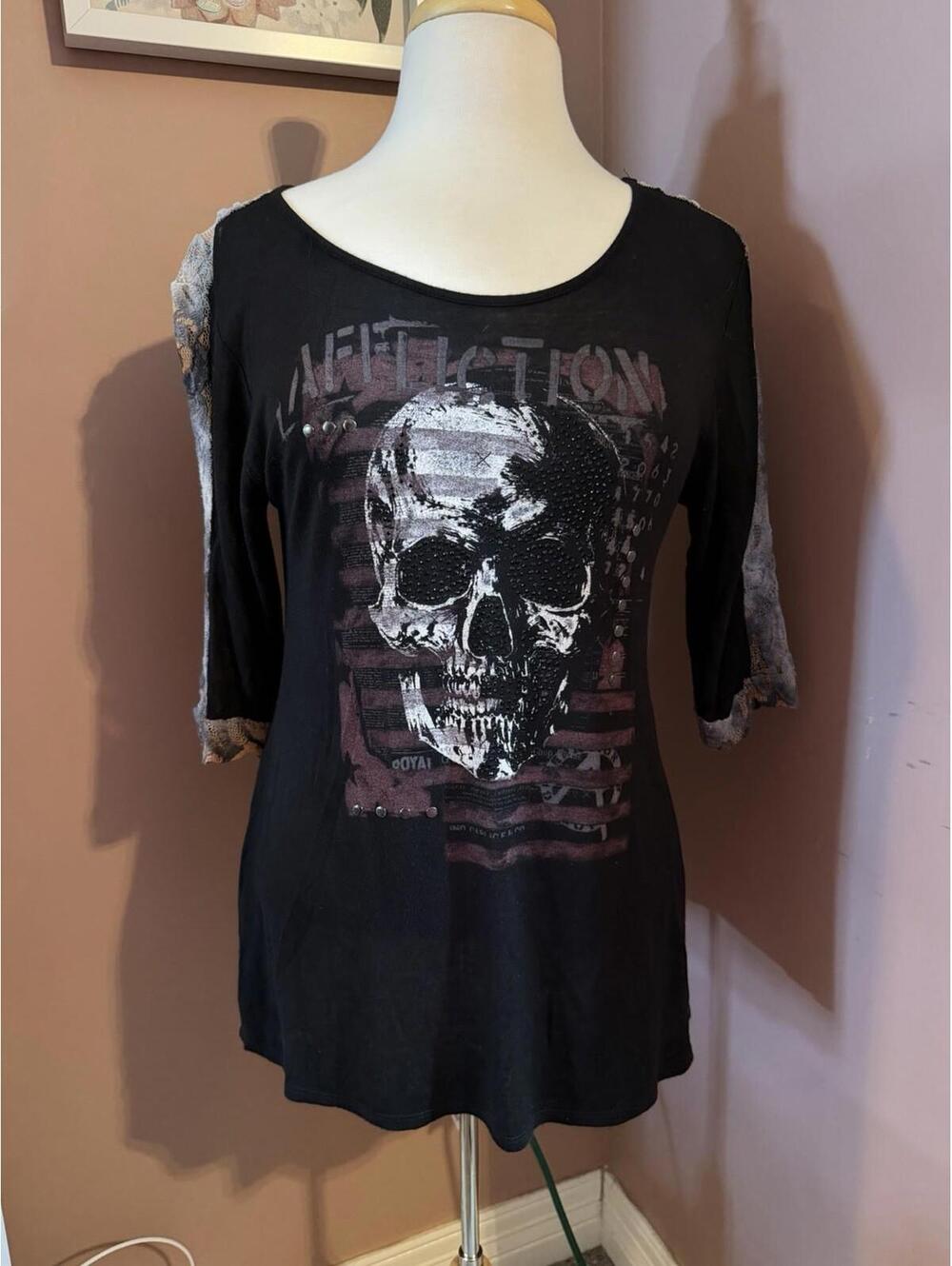 Affliction Embellished Skull Womens Lace Short Sleeve Shirt Top NO SIZE TAG